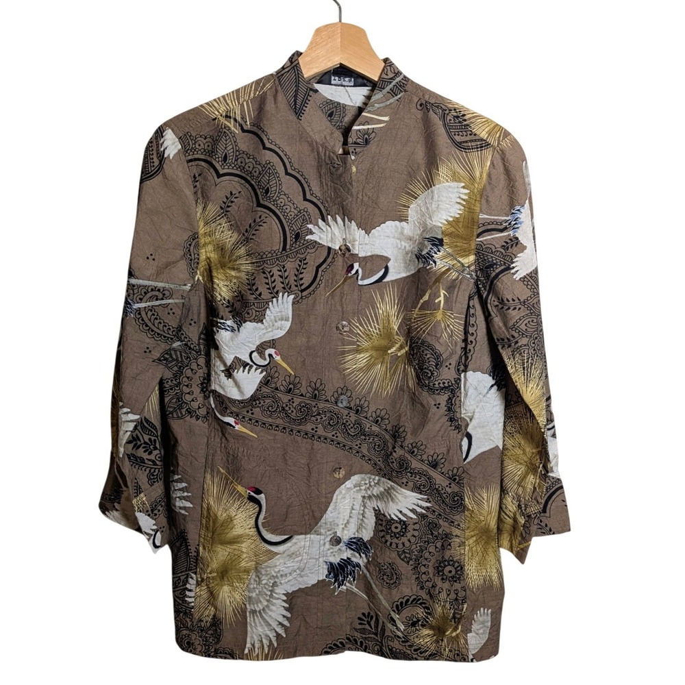 Citron Santa Monica Crane Paisley Print Bamboo Shirt Brown Mandarin Collar Small